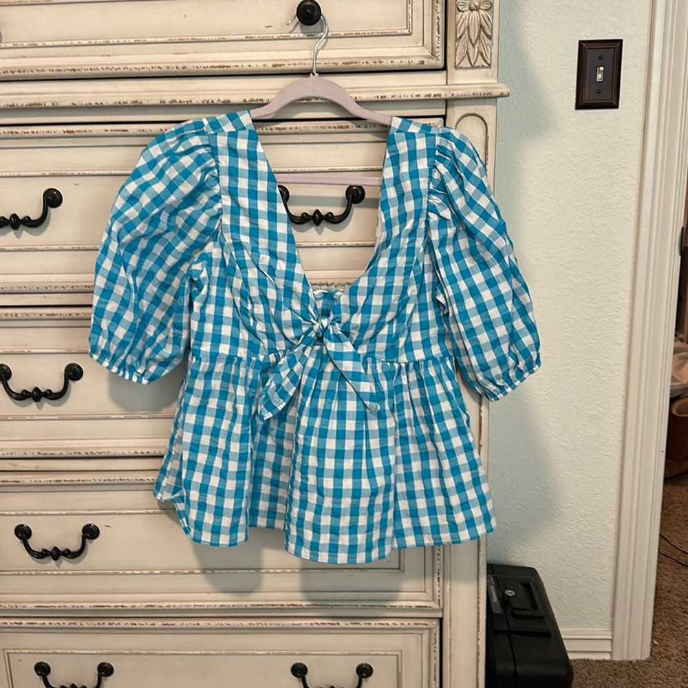 Lilly Pulitzer Sarafina Short Sleeve Turquoise Oasis Crinkle Gingham Size 10